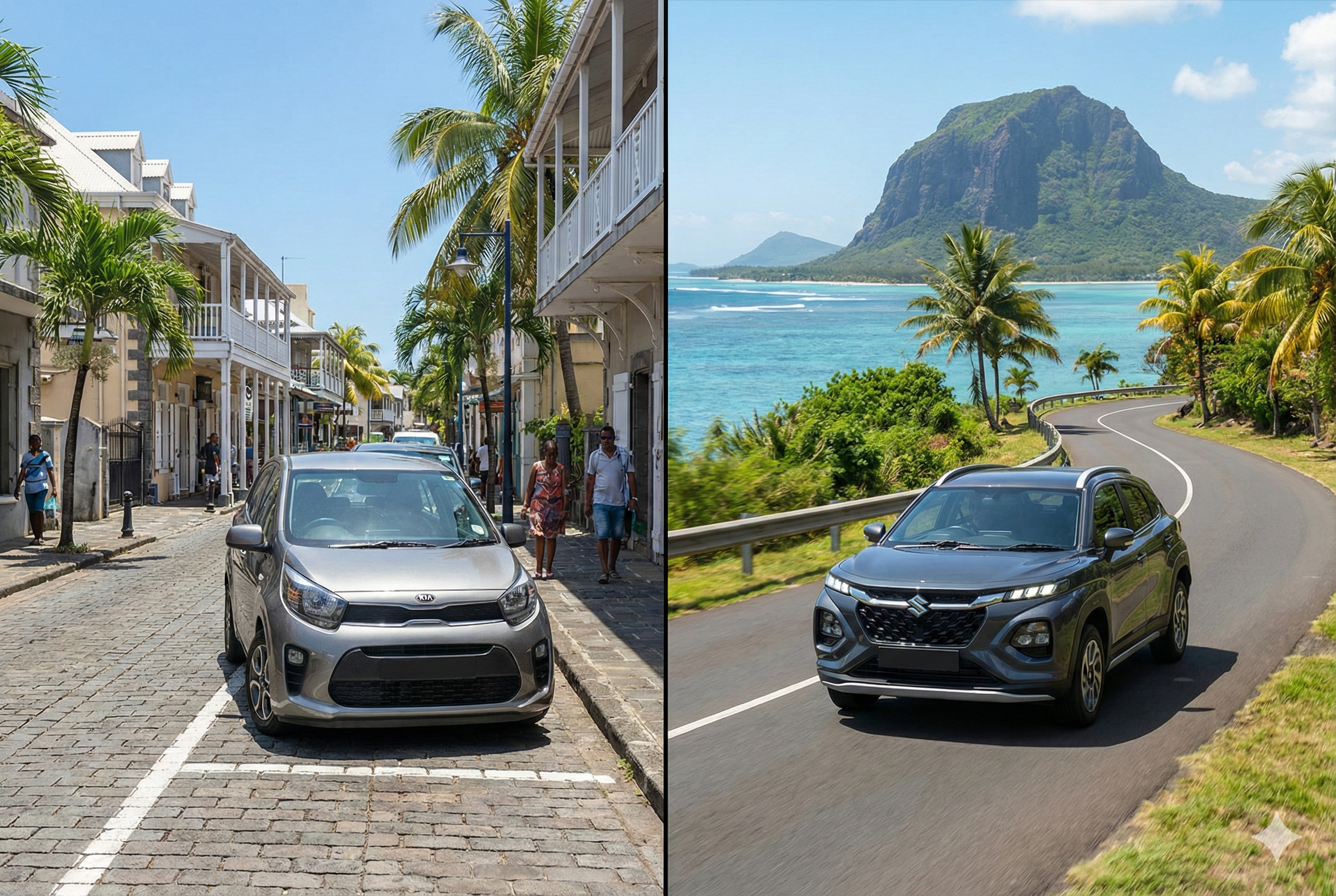 small car parked in port louis vs SUV on the road in less than morne